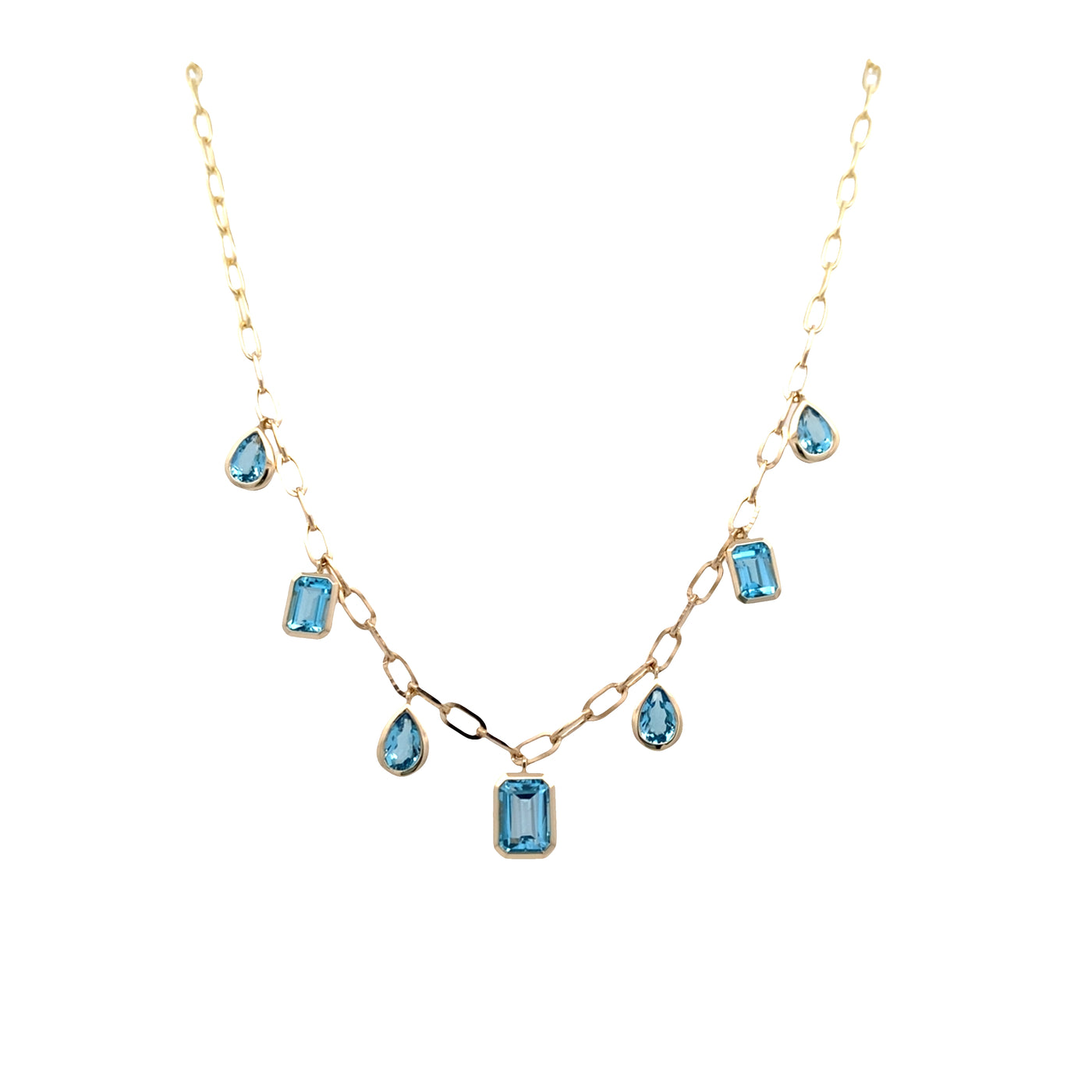 Swiss Blue Topaz Station necklace in Yellow Gold