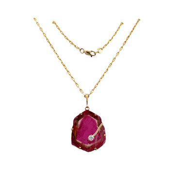 ESTATE Watermelon Tourmaline and Diamond Pendant in Yellow Gold