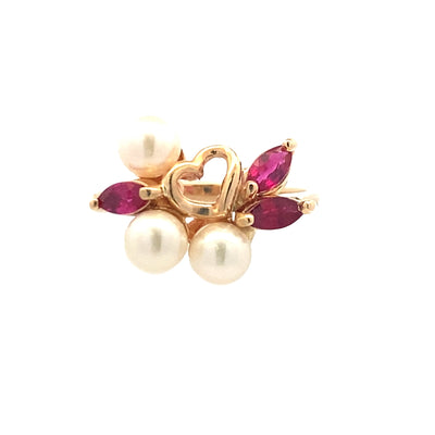 Estate Cultured Pearl & Ruby Ring in 14K Yellow Gold, Size 5.5