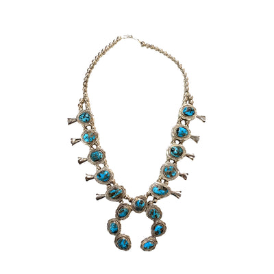 Estate Navajo Squash Blossom Necklace with Turquoise in Silver