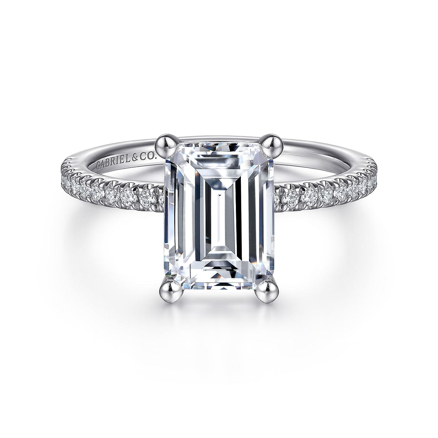 Emerald Cut SIde Stone Engagement Ring in White Gold by Gabriel & Co.