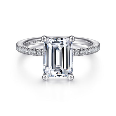 Emerald Cut SIde Stone Engagement Ring in White Gold by Gabriel & Co.