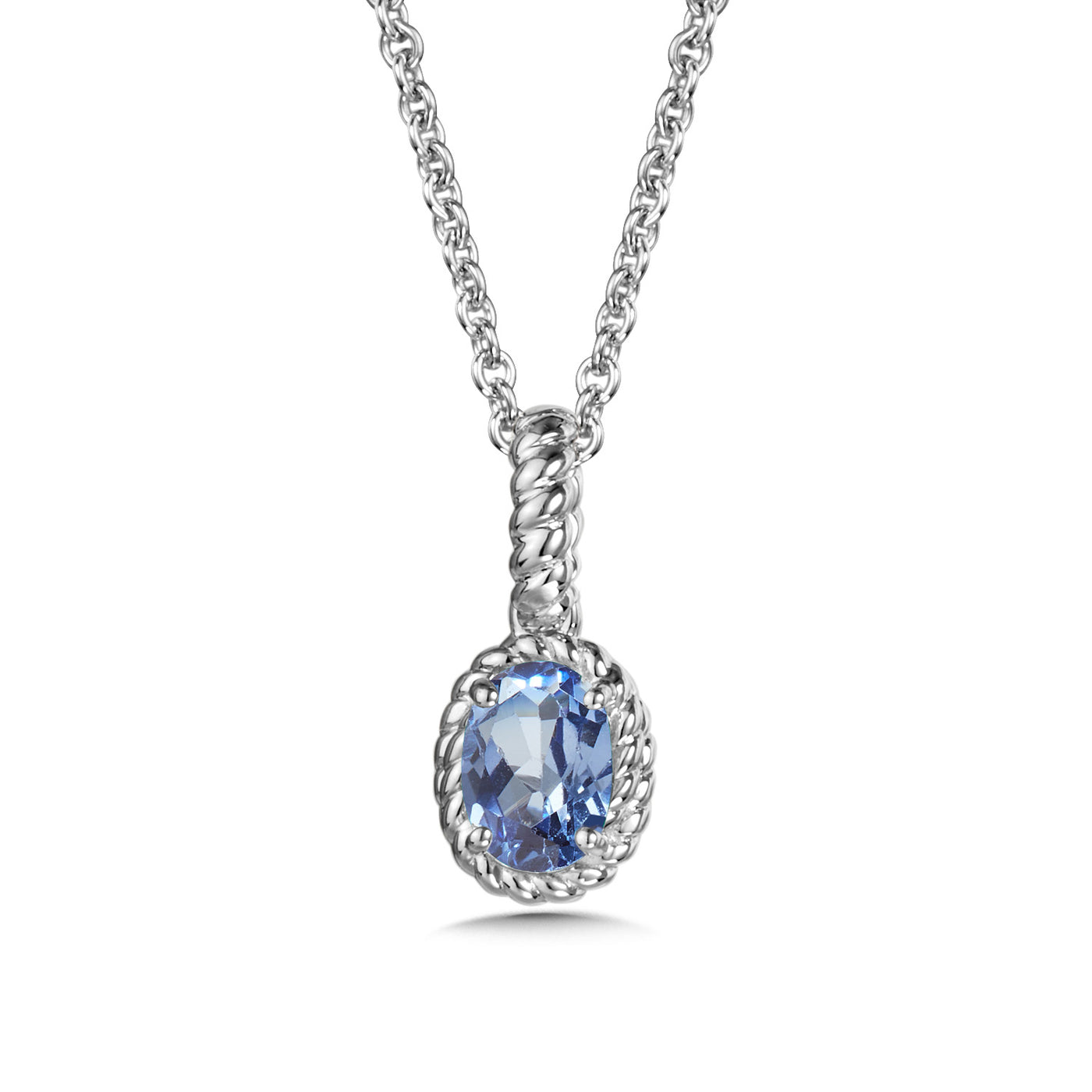 Created Blue Sapphire Halo Pendant in Silver