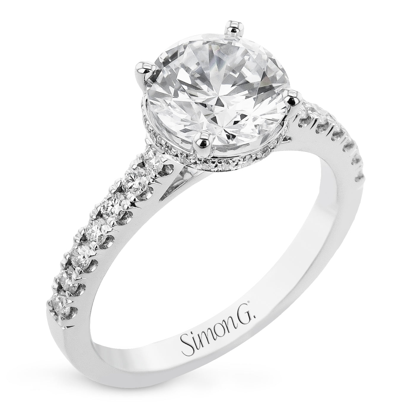 Round Diamond Side Stone Engagement Ring in White Gold by Simon G