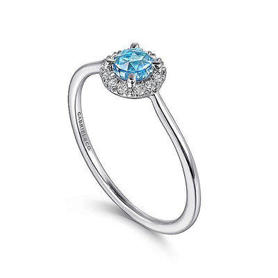 Blue Topaz and Diamond Halo Ring in White Gold by Gabriel & Co.