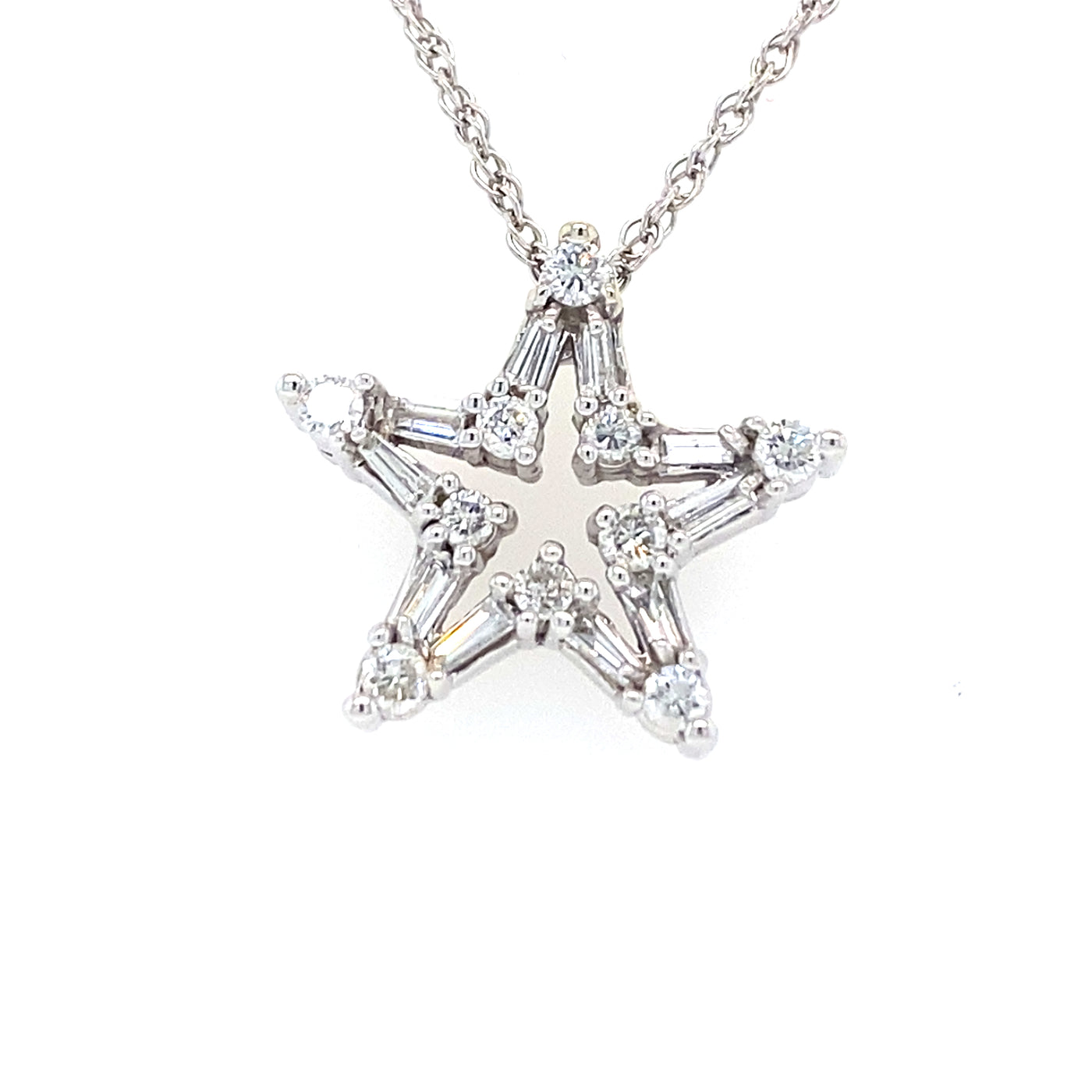 ESTATE Baguette and Round Diamond Star Pendant in White Gold