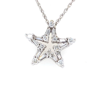 ESTATE Baguette and Round Diamond Star Pendant in White Gold