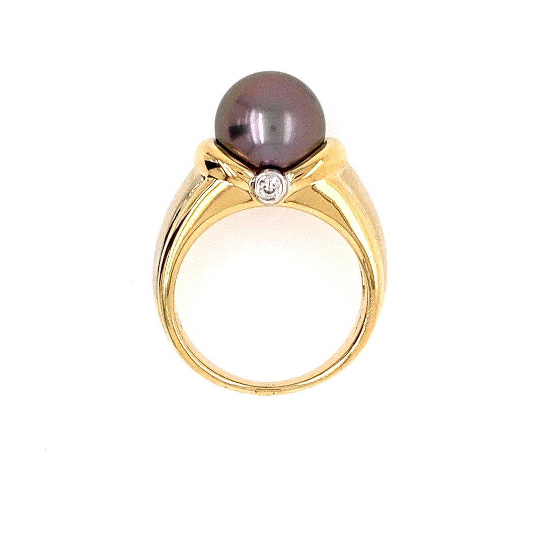 Estate 14K Yellow Gold Black Tahitian Pearl Ring