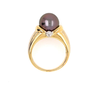 Estate Black Tahitian Pearl Ring in Yellow Gold