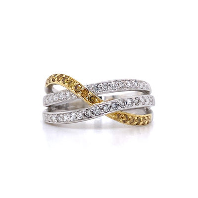Estate Simon G Fancy Yellow and White Diamond Twist Ring in Two-Tone Gold