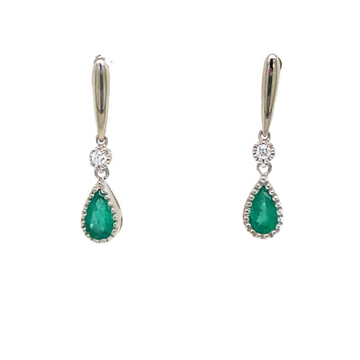 ESTATE Emerald and Diamond Drop Studs in White Gold