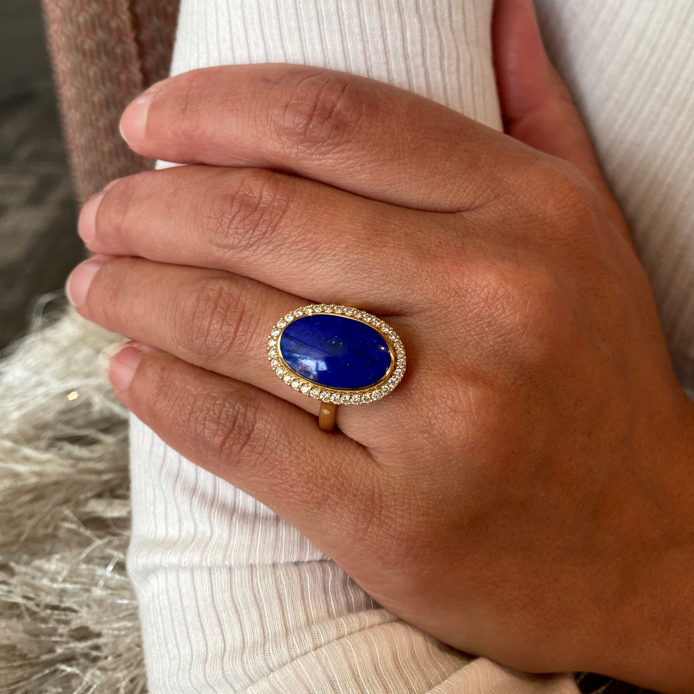 Lapis & Diamond Halo Style Ring in Yellow Gold by Kabana