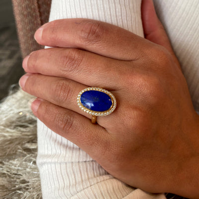 Lapis & Diamond Halo Style Ring in Yellow Gold by Kabana