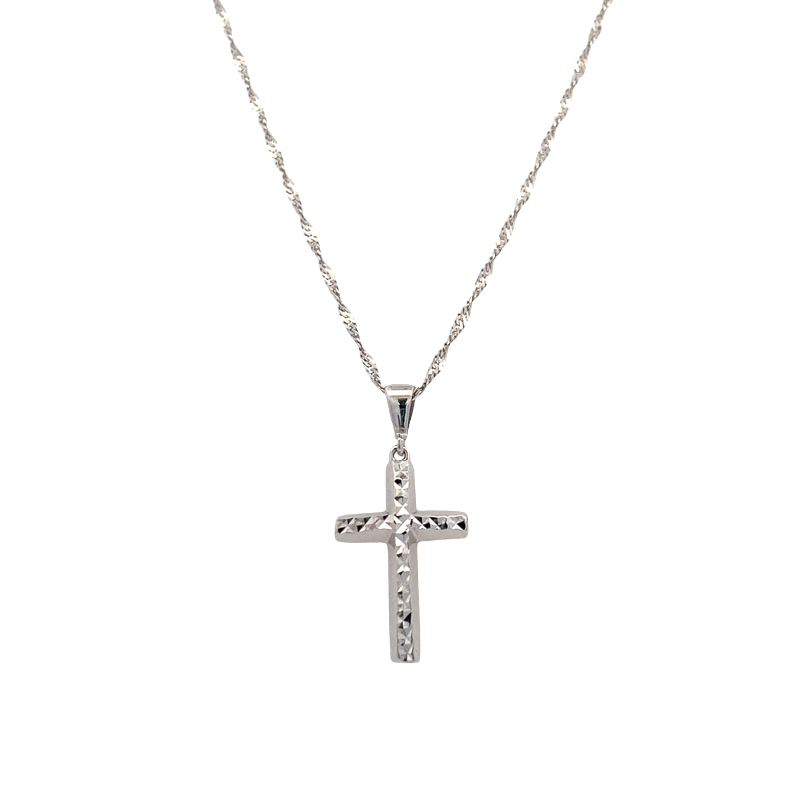 Diamond-Cut Cross Pendant in White Gold with 16" Chain