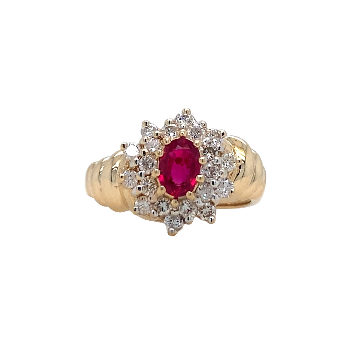ESTATE Ruby and Diamond Double Halo Ring in Yellow Gold
