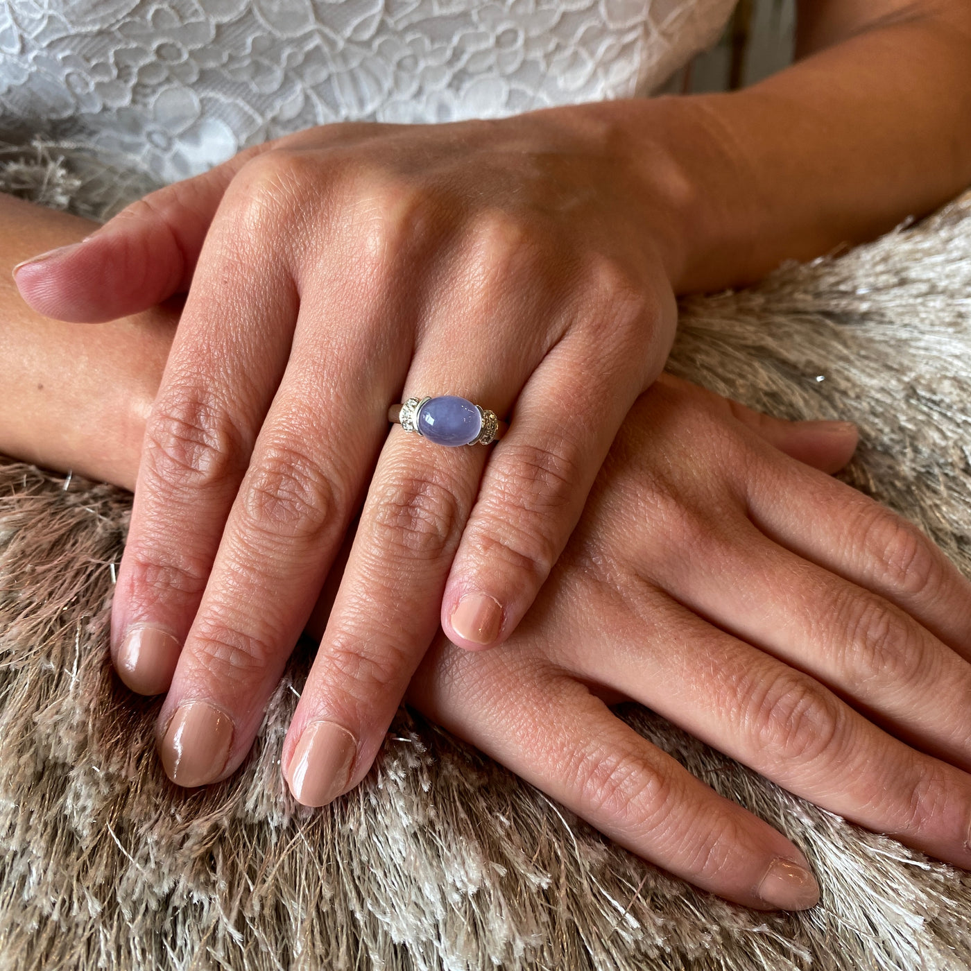 ESTATE Chalcedony and Diamond Ring in White Gold