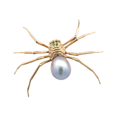 Gray Pearl and Tsavorite Spider Brooch in Yellow Gold